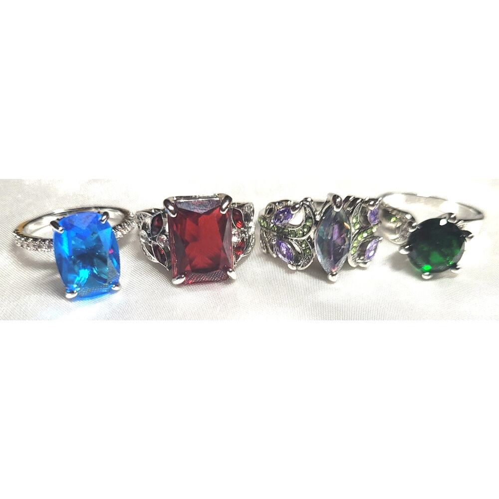 Womens Rings Lot Size 7.25 7 Purple Red Blue Green Statement Cocktail Crystal
